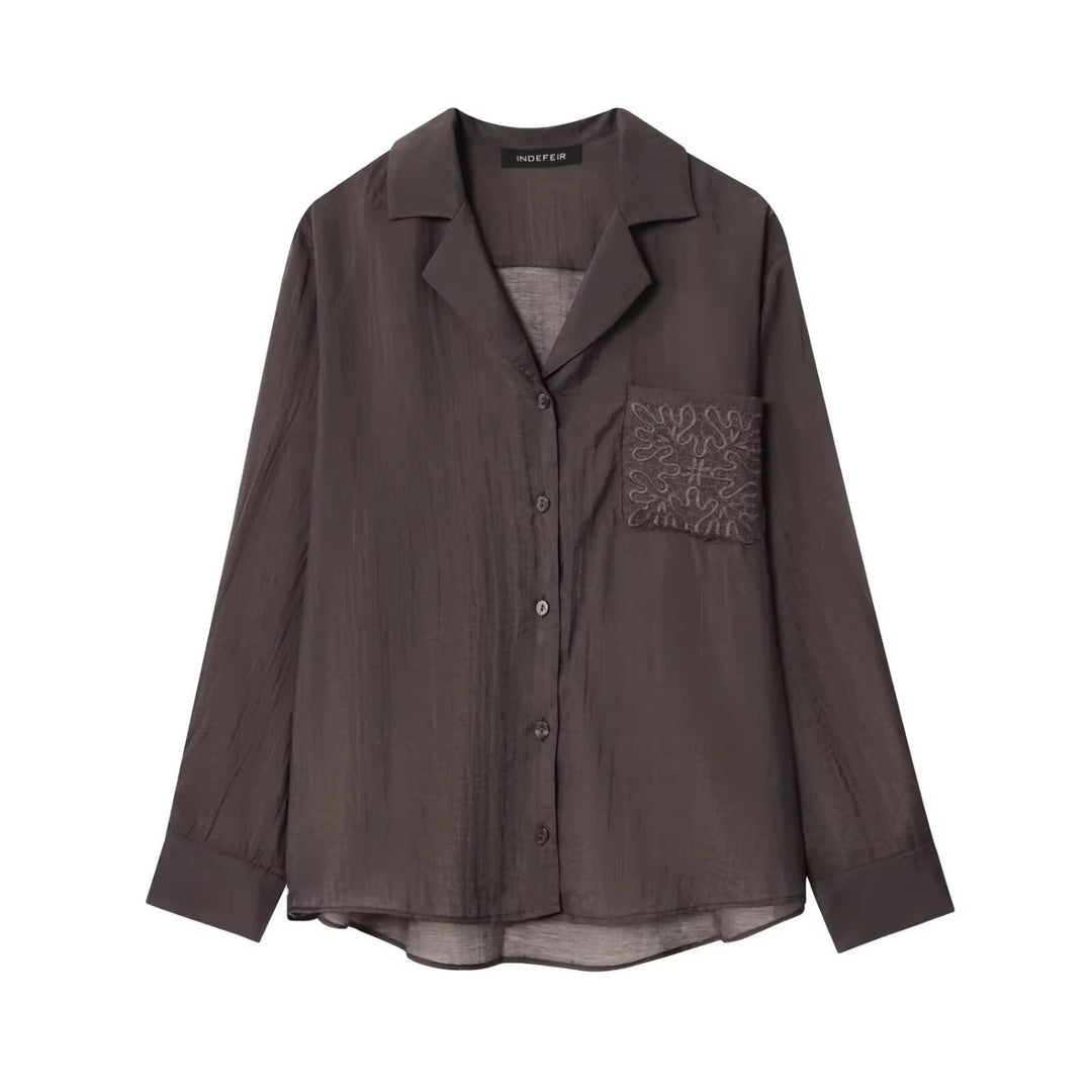 Women's Loose Satin Shirt with Notched Collar and Embroidered Chest Pocket Mune Fashion