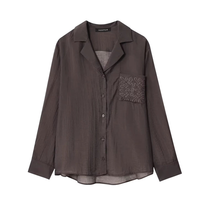 Women's Loose Satin Shirt with Notched Collar and Embroidered Chest Pocket Mune Fashion