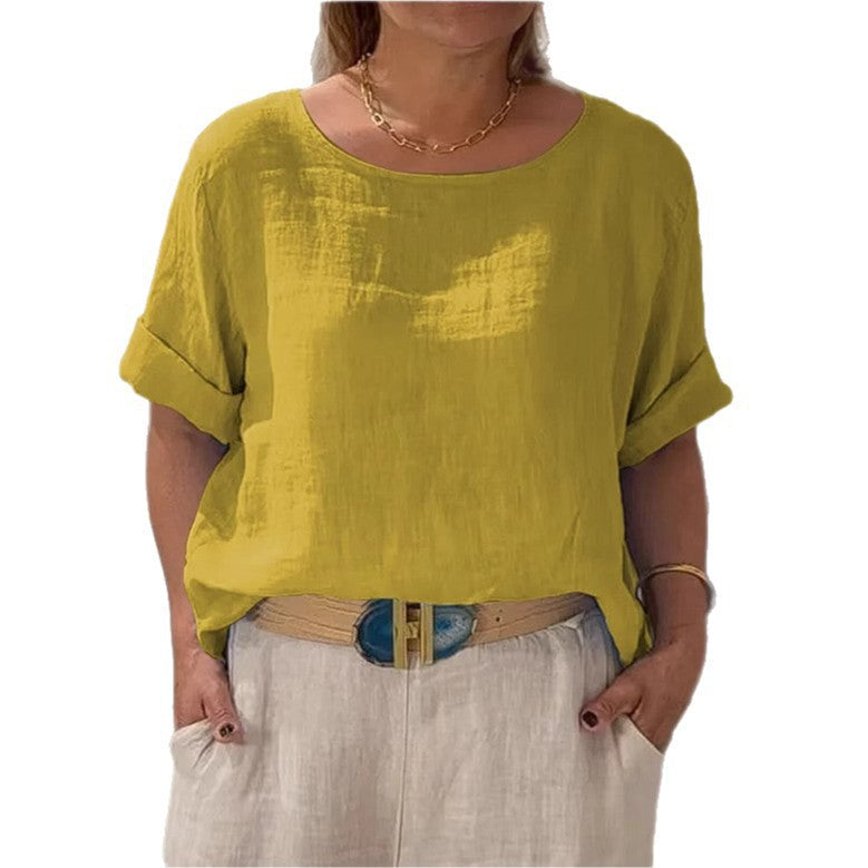 Women Lightweight Linen Blouse with Turned-up Sleeves Mune Fashion