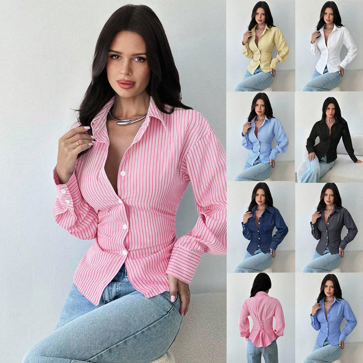 Women tailored striped blouse with Kent collar and voluminous sleeves Mune Fashion