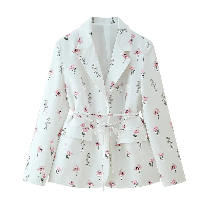Women's floral blazer jacket with tie belt, patch pockets and shawl collar Mune Fashion