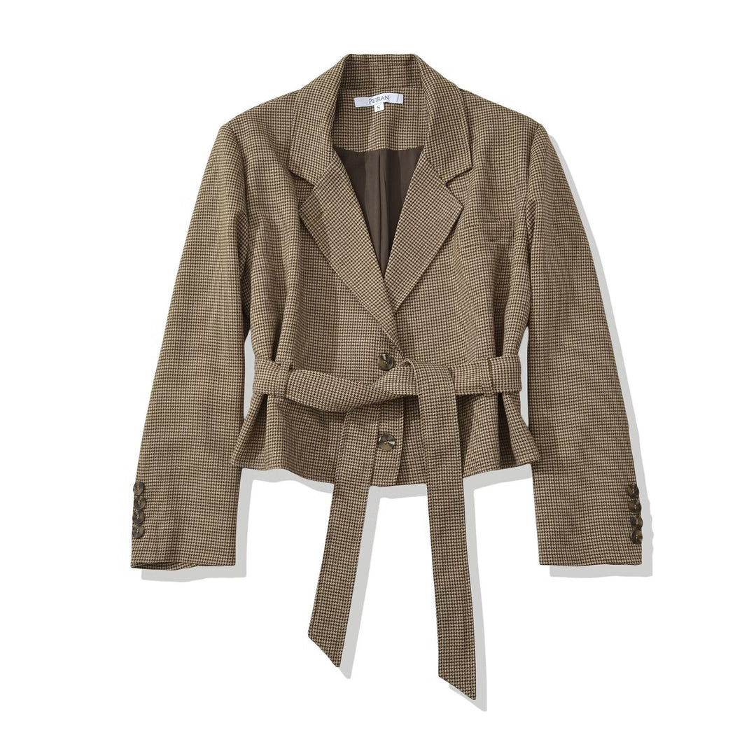 Women's Short Blazer with Tailoring Tie Belt and Houndstooth Pattern Mune Fashion