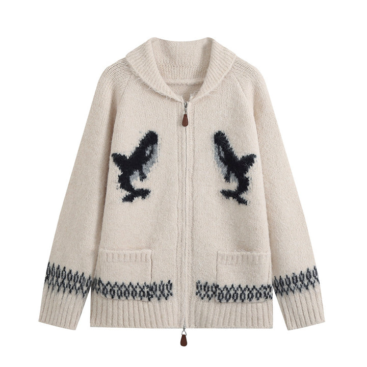 Women’s cardigan with zipper, shawl collar and whale intarsia Mune Fashion