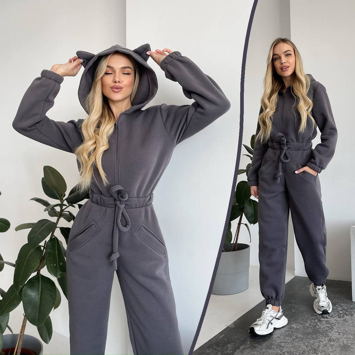 Women Cozy Hooded Overall with Cat Ears and Waist Drawstring Mune Fashion