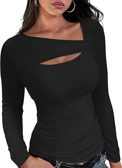 Women's Ribbed Long Sleeve Shirt with Asymmetrical Off-Shoulder Neckline and Chest Cut-Out Mune Fashion