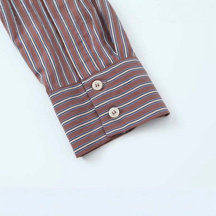 Women's Oversized Shirt Blouse with Vertical Stripe Pattern and Full Button Placket Mune Fashion