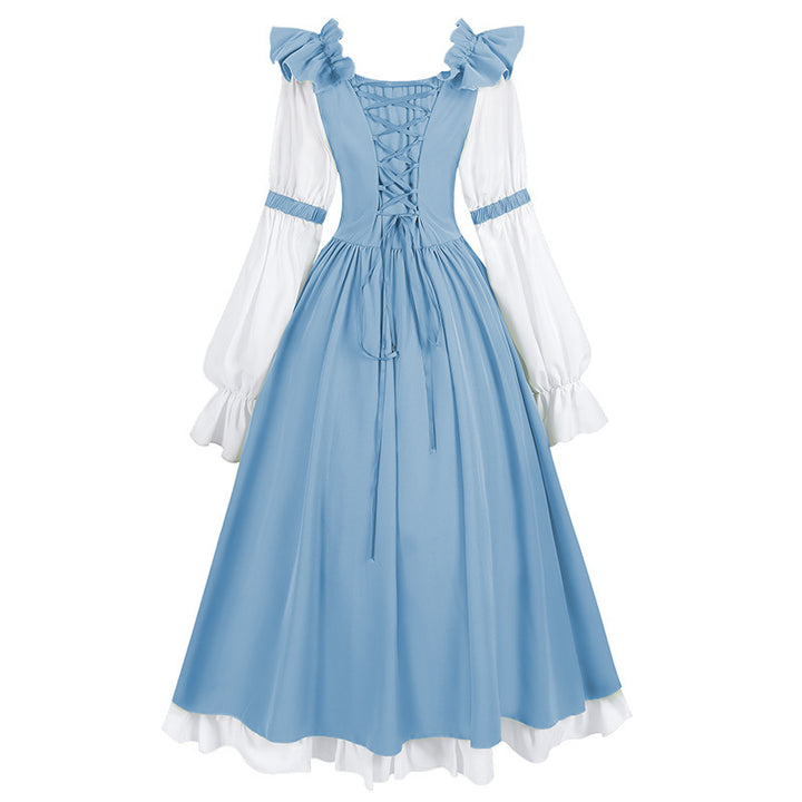 Ladies nan romantic Victorian dress with ruffled collar, tailored corset look, and flared circle skirt Mune Fashion