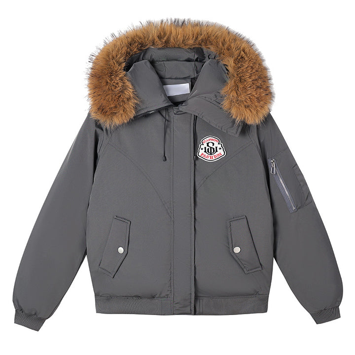 Women's short bomber-style parka jacket with removable fur hood and logo patch Mune Fashion