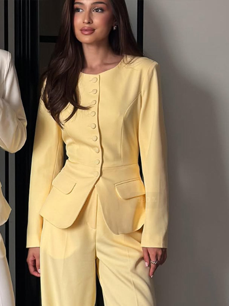 Women's Tailored Blazer with Round Neckline, Decorative Fabric Buttons and Flap Pockets Mune Fashion