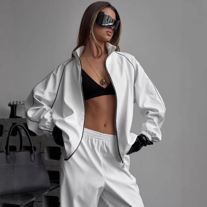 Women's Two-Piece Loungewear Set with Stand Collar Zip Jacket and Wide Pleated Pants Mune Fashion