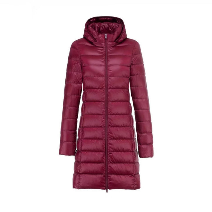 Women Long Cut Ultra-Light Thermal Parka with Contoured Silhouette and Hood Mune Fashion