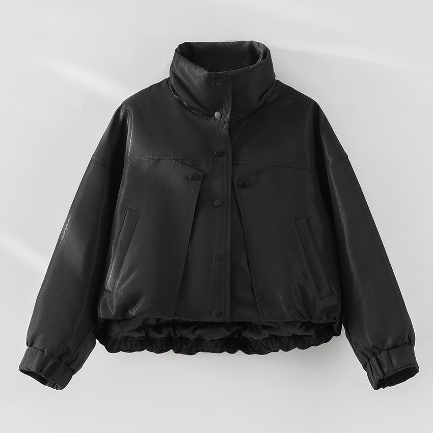 Women's Short Padded Jacket in Leather Look with High Stand-Up Collar and Gathered Hem Mune Fashion