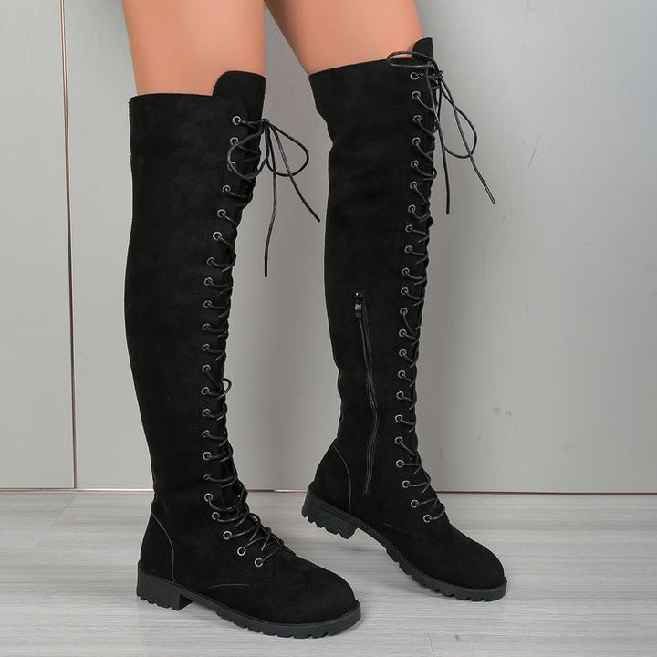Women's over-the-knee lace-up boots with side zipper, decorative lacing, and textured rubber sole Mune Fashion