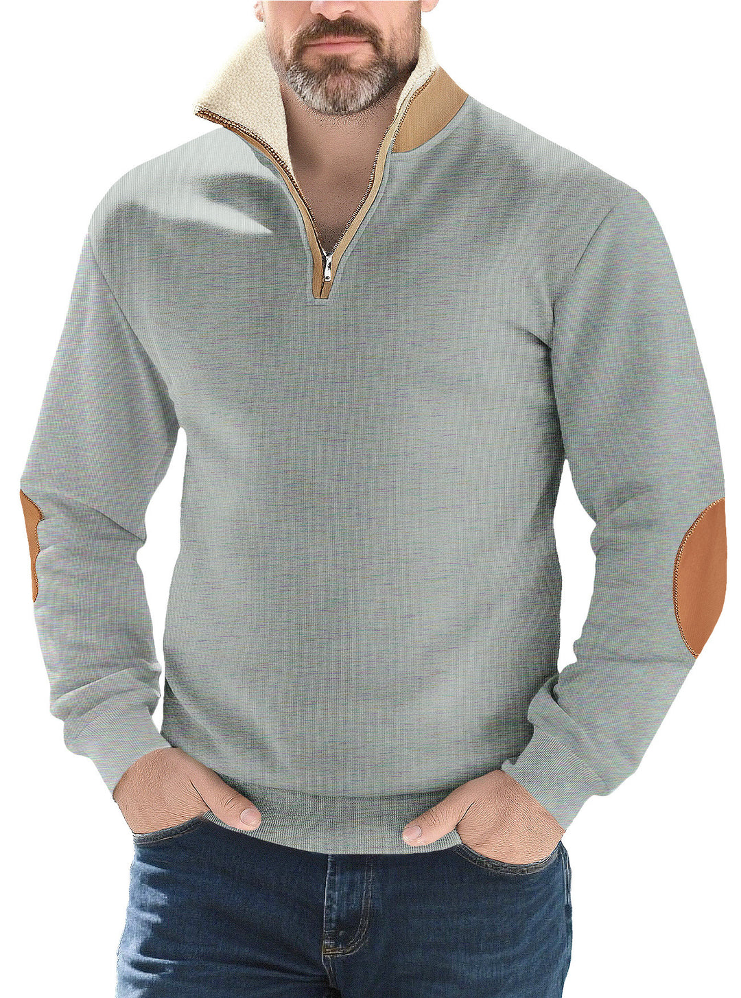 Men's structured knit half-zip pullover with warming sherpa collar and velour elbow patches Mune Fashion