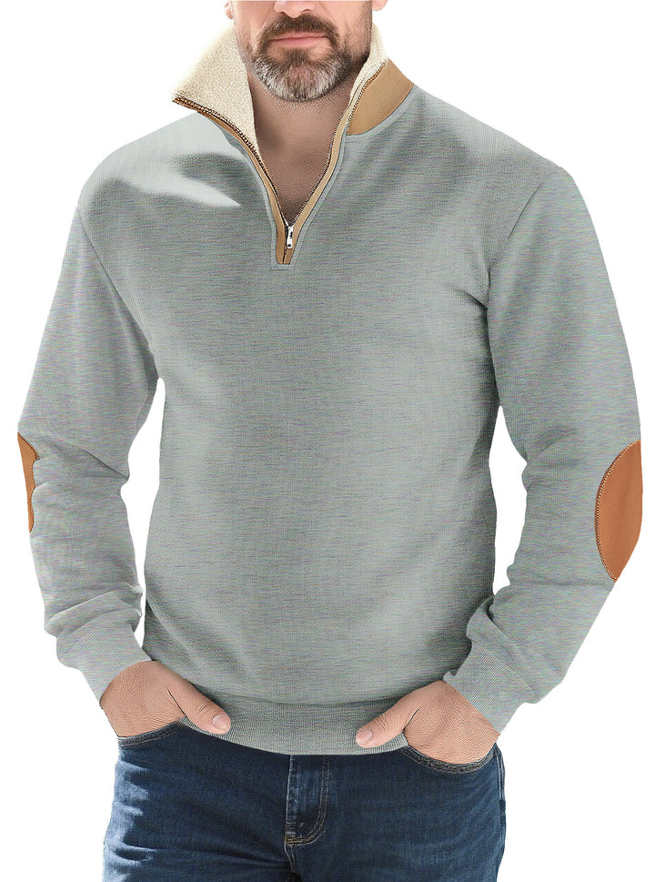 Men's structured knit half-zip pullover with warming sherpa collar and velour elbow patches Mune Fashion