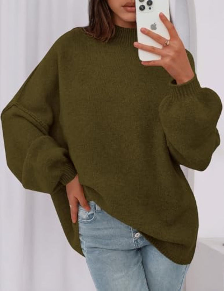 Ladies oversized knitted pullover with stand-up collar and balloon sleeves Drune