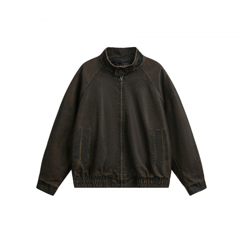 Men's short-cut worker bomber jacket in used denim look with standing collar, concealed zipper, and elastic hem Mune Fashion