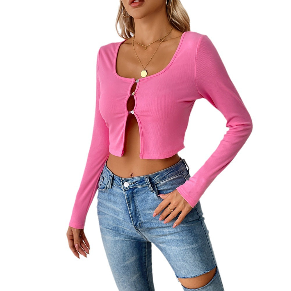 Women's belly-free ribbed cropped cardigan with front cutouts and decorative eyelets Mune Fashion