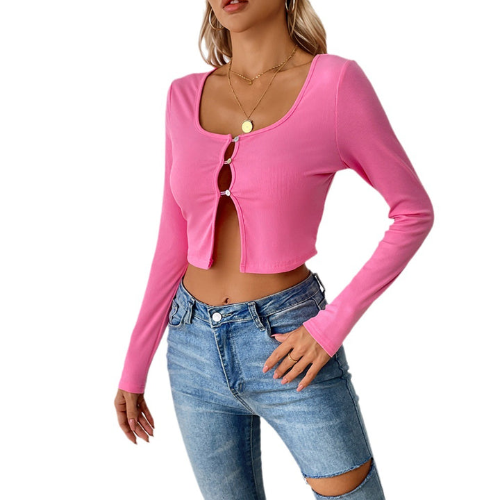 Women's belly-free ribbed cropped cardigan with front cutouts and decorative eyelets Mune Fashion