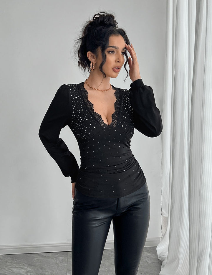 Women's tailored long sleeve shirt with deep lace décolletage, gathering, and crystal embellishment Mune Fashion