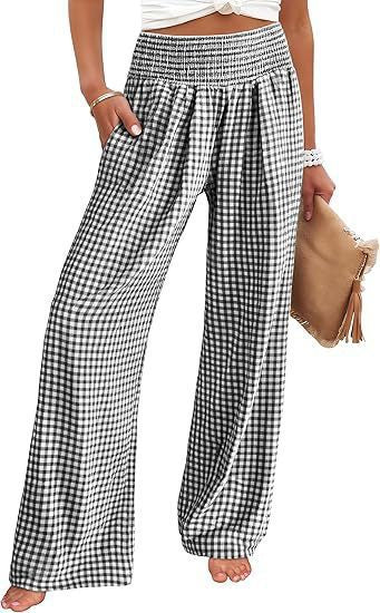 Women Lightweight Palazzo Pants with Smocking Waist, Wide Leg and Check Print Mune Fashion