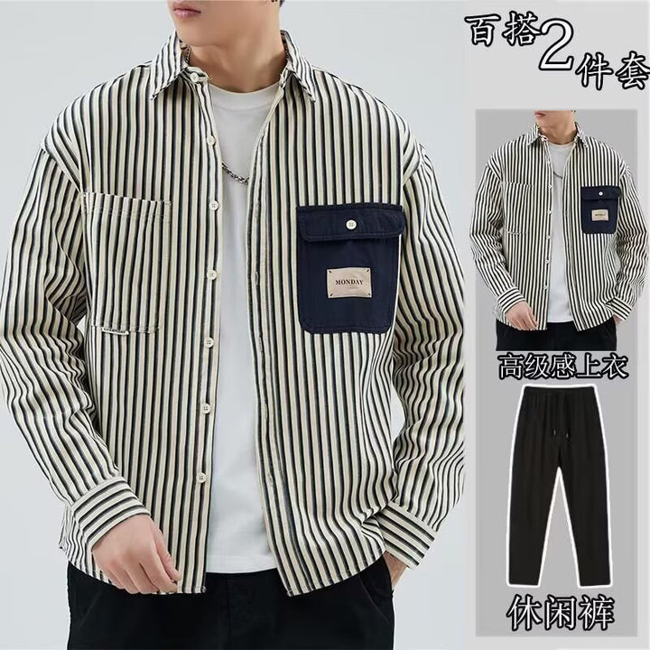 Men Striped Overshirt in Workwear Style with Contrasting Chest Pocket Mune Fashion