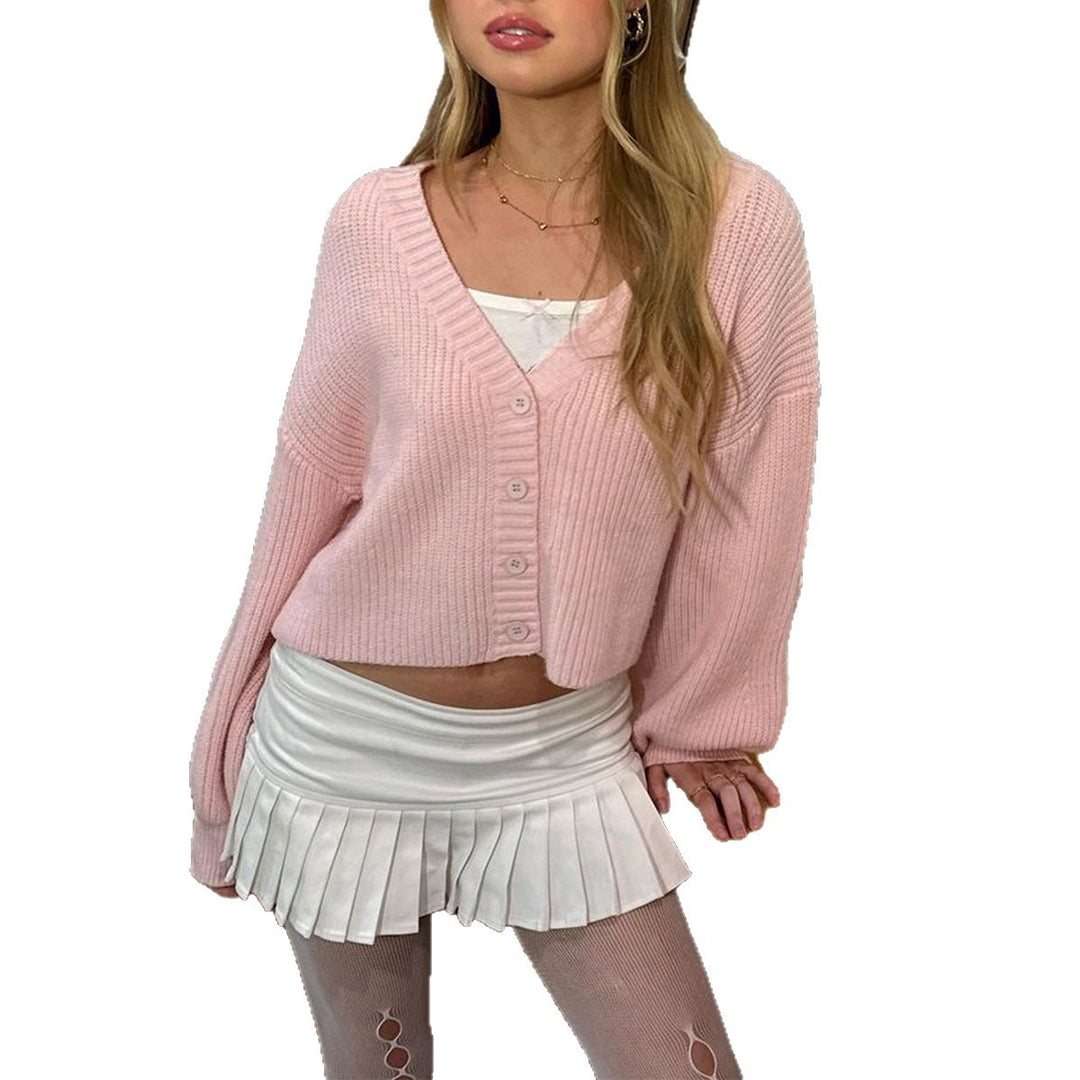 Women's short ribbed cardigan with oversized balloon sleeves and button placket Mune Fashion