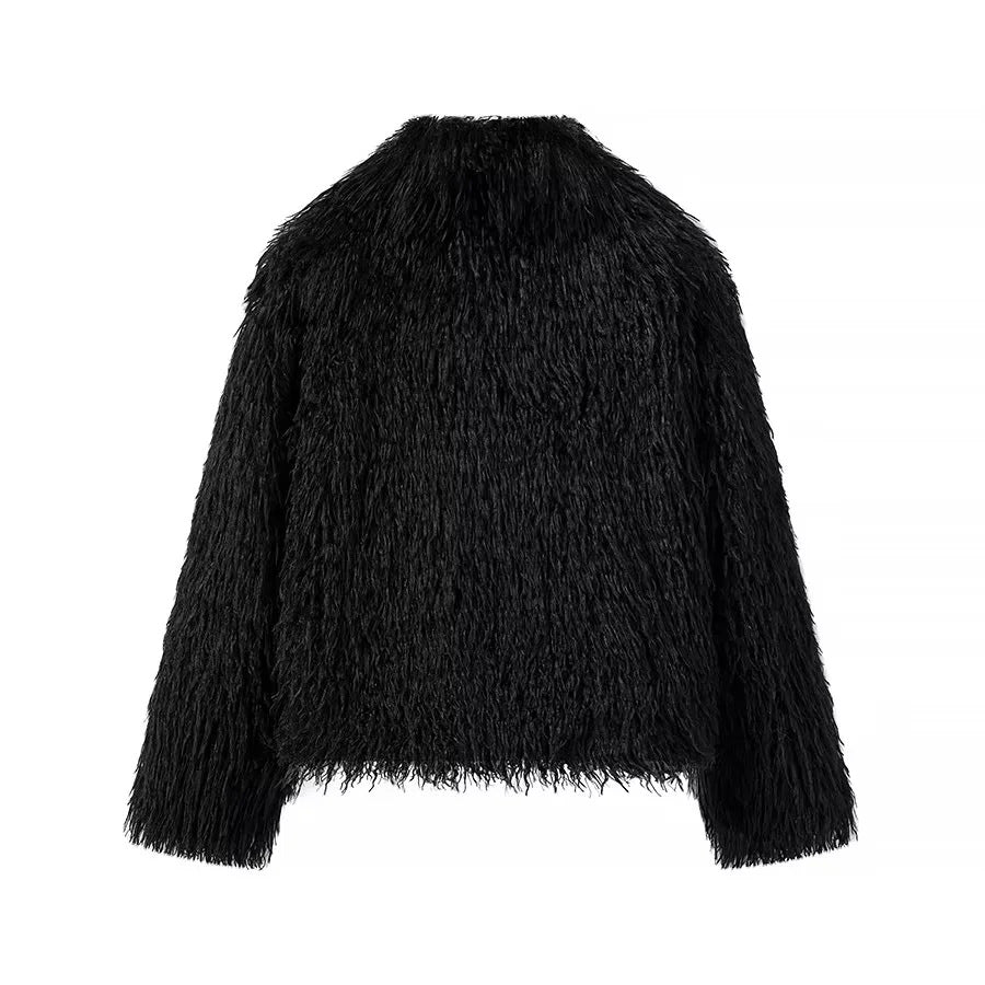 Women's short faux fur jacket with open cut and voluminous long hair look Mune Fashion