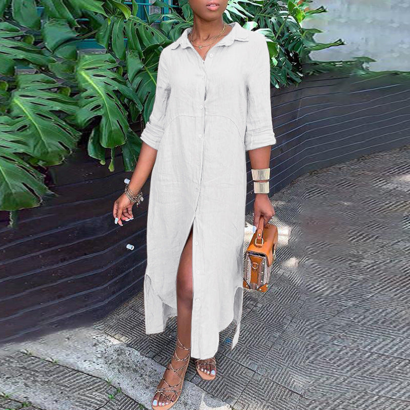Women's button-up shirt dress with a continuous button placket, side slits, and 3/4 sleeves Mune Fashion