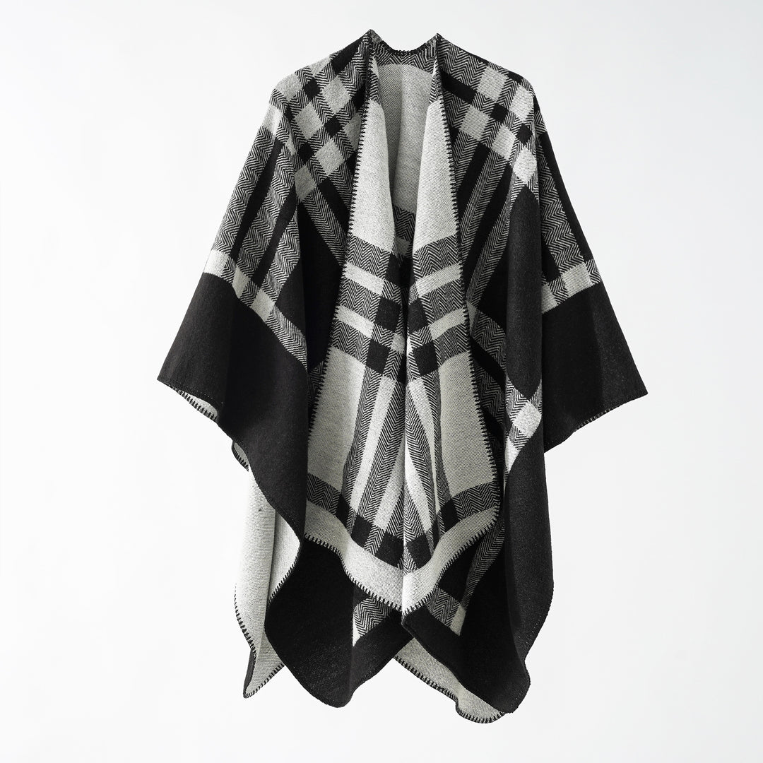 Women Reversible Oversized Cape Poncho made of Wool Blend with Decorative Rolled Edge Mune Fashion