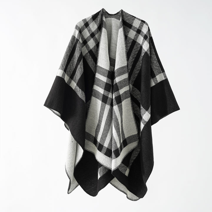 Women Reversible Oversized Cape Poncho made of Wool Blend with Decorative Rolled Edge Mune Fashion