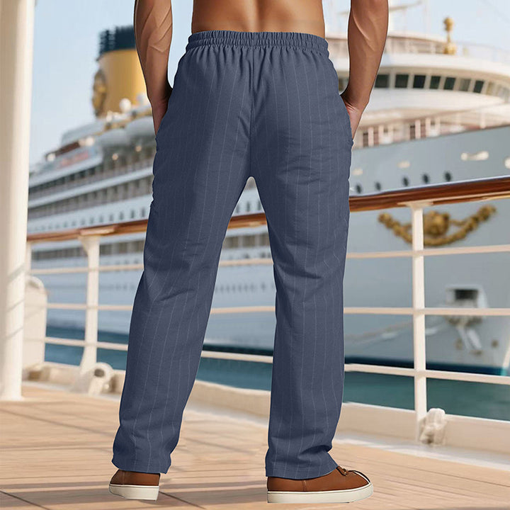 Men's Maritime Linen Look Casual Trousers with Pinstripes, Elastic Waistband and Side Slash Pockets Mune Fashion