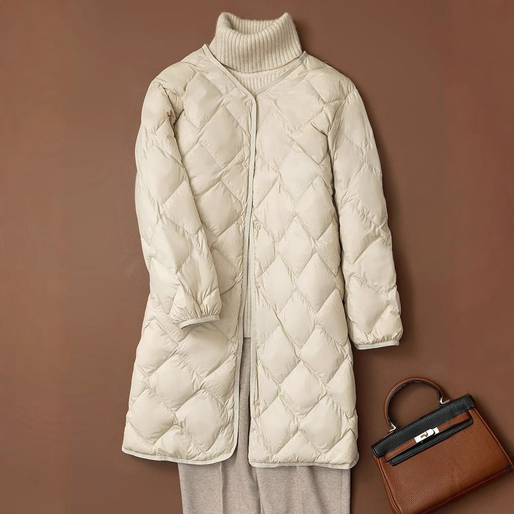 Women's Elegant Long Coat in Quilted Down Look with Diamond Quilting and Concealed Snap Button Placket Mune Fashion