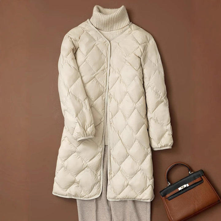 Women's Elegant Long Coat in Quilted Down Look with Diamond Quilting and Concealed Snap Button Placket Mune Fashion