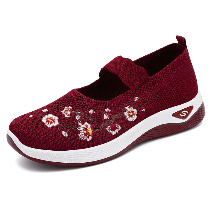 Women nan embroidered knitted slip-on sneakers with Mary Jane straps and shock-absorbing EVA sole Mune Fashion