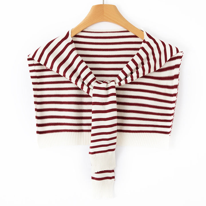 Women's Short Knitted Shoulder Cape to Tie Striped Fine Knit Wrap Stole Mune Fashion