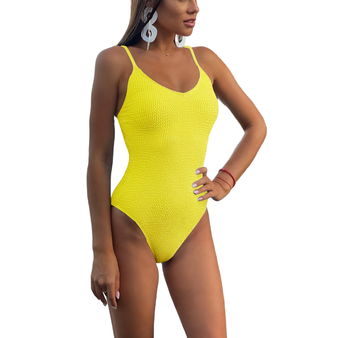 Ladies one-piece swimsuit with fine waffle pattern and deep V-neck Mune Fashion
