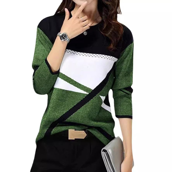 Women's loosely cut knitted sweater with geometric color block and three-quarter sleeves Mune Fashion