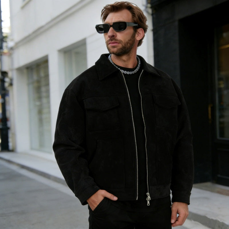 Men's oversized suede jacket with zipper, shirt collar, and patch pockets Mune Fashion