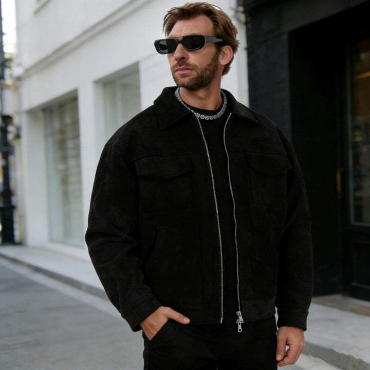 Men's oversized suede jacket with zipper, shirt collar, and patch pockets Mune Fashion