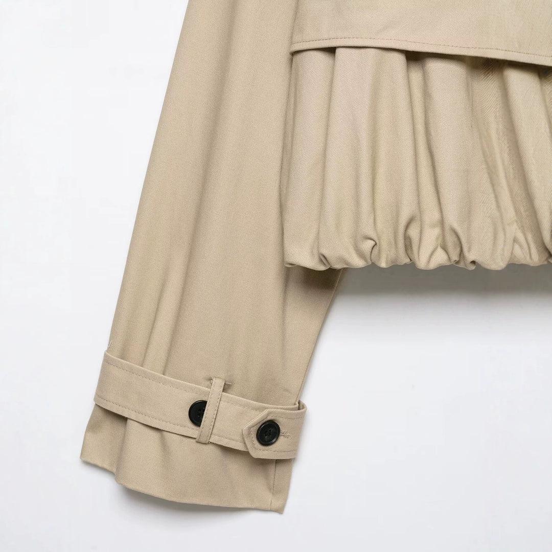 Women's Cropped Trench Jacket in Boxy Cut with Ruching and Adjustable Cuffs Mune Fashion