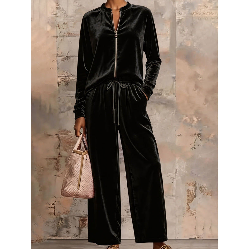 Women's Velvet Lounge Set with Stand Collar, Half Zipper and Wide Palazzo Pants Mune Fashion