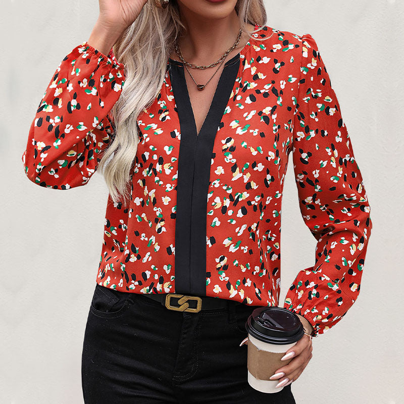 Women's Flowy V-Neck Blouse with Contrasting Decorative Trim and Elastic Cuffs