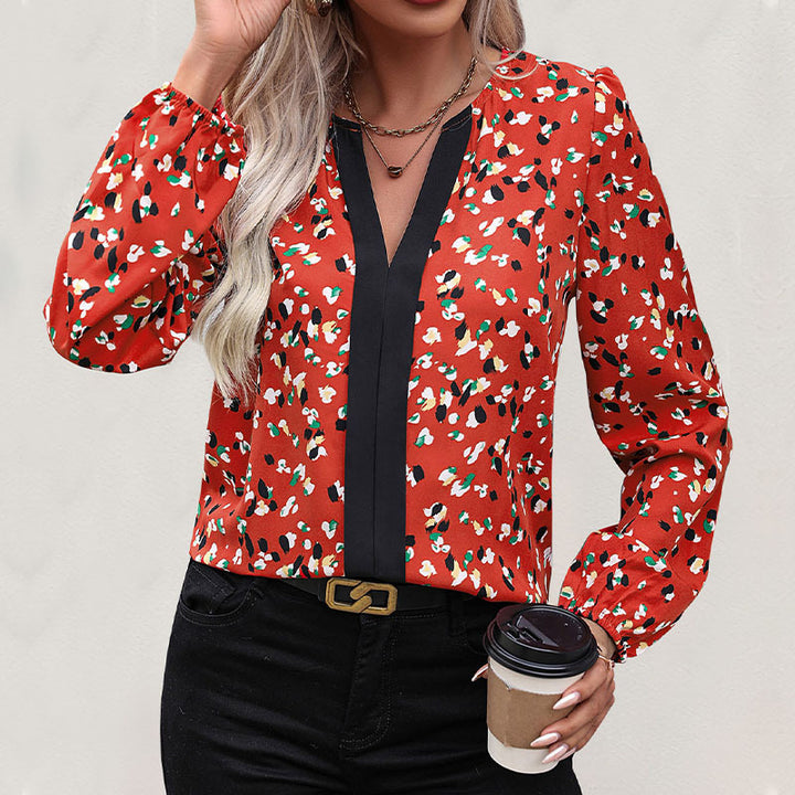 Women's Flowy V-Neck Blouse with Contrasting Decorative Trim and Elastic Cuffs