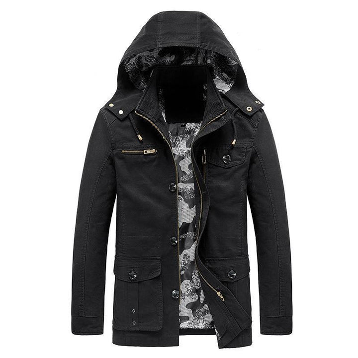 Men's Canvas Field Jacket with Hood, Multifunctional Pockets and Camouflage Lining Mune Fashion