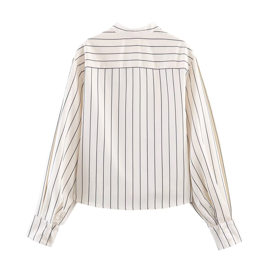 Women's Two-Piece Casual Pinstripe Set: Stand Collar Blouse & Loose High Waist Pants Mune Fashion