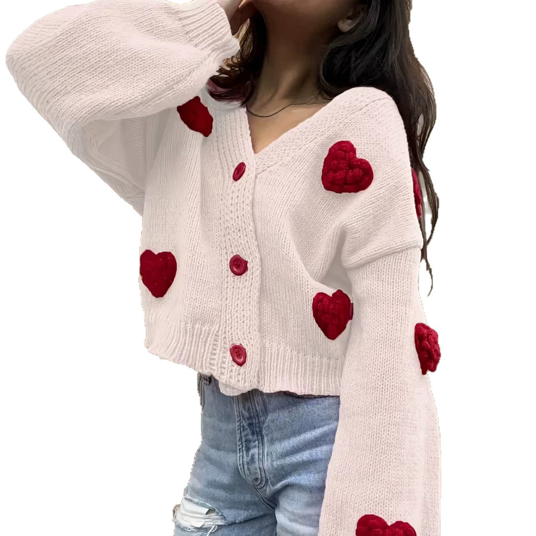 Women's Short-Cut V-Neck Cardigan with Embossed Heart Appliqués and Decorative Buttons Mune Fashion