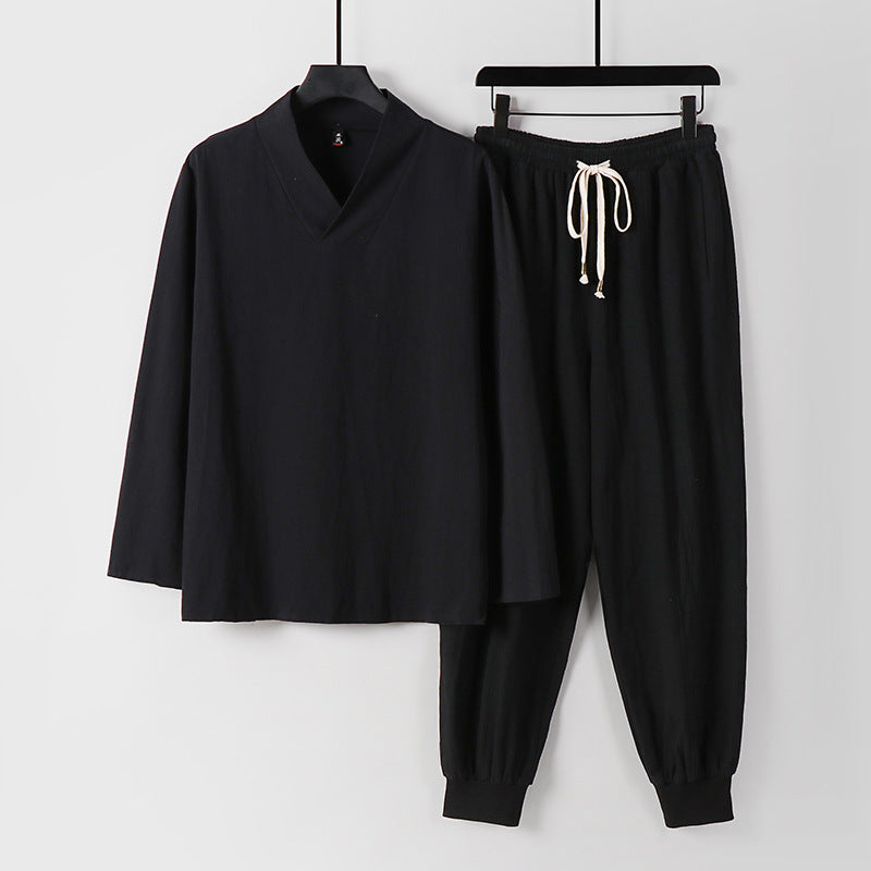 Men's Lightweight Kimono Loungewear Set Made of Cotton Blend with V-Neck and Elastic Cuff Pants Mune Fashion