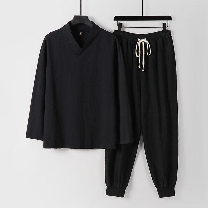 Men's Lightweight Kimono Loungewear Set Made of Cotton Blend with V-Neck and Elastic Cuff Pants Mune Fashion