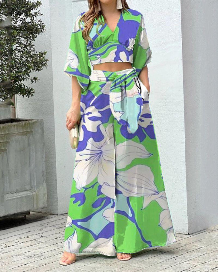 Women's Two-Piece Summer Set with Wrap Crop Top and High-Waist Palazzo Pants EB
